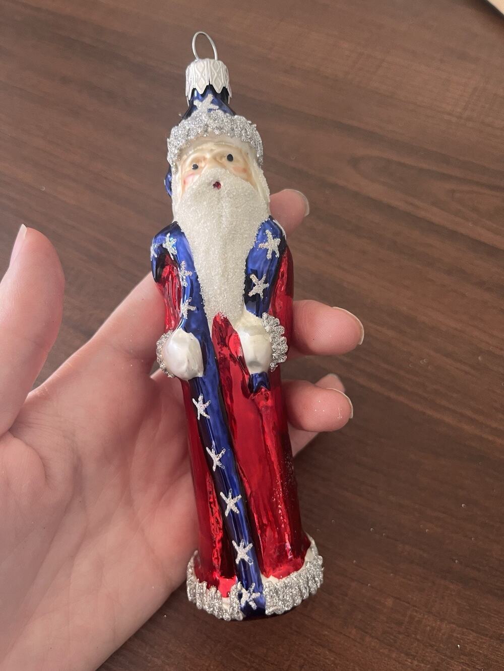 Vintage Glass Patriotic Santa Clause Holiday Christmas Ornament Hand Painted
